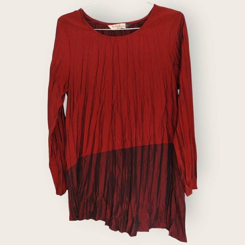 Chalet et Cece Womens Top Sz Small Pleated Asymmetrical Burgundy Rust Tunic Boho